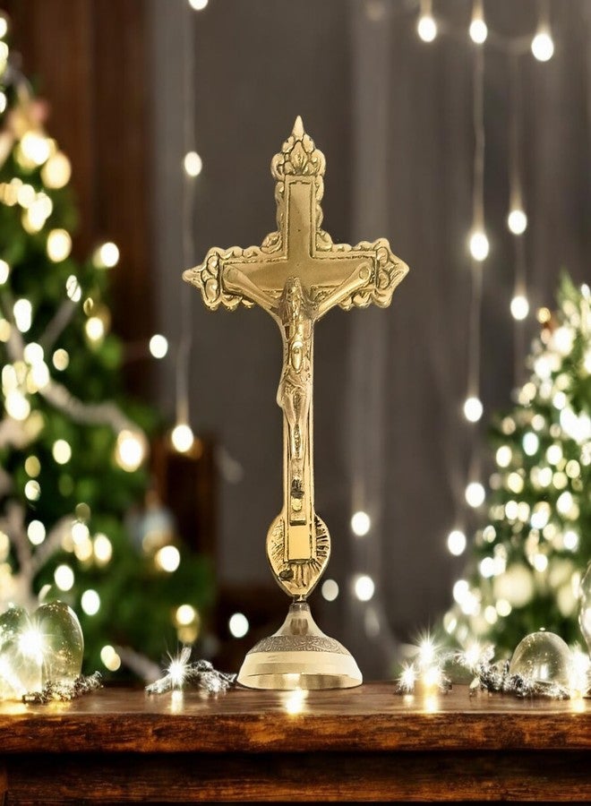 ATRANGEE Bystreet artisans Pure Brass Christian Cross Jesus Christ Tabletop Statue | Idol on Cross in Antique Finish for Prayer | Worship Home Office Decoration Golden (5 inch) - Image 1